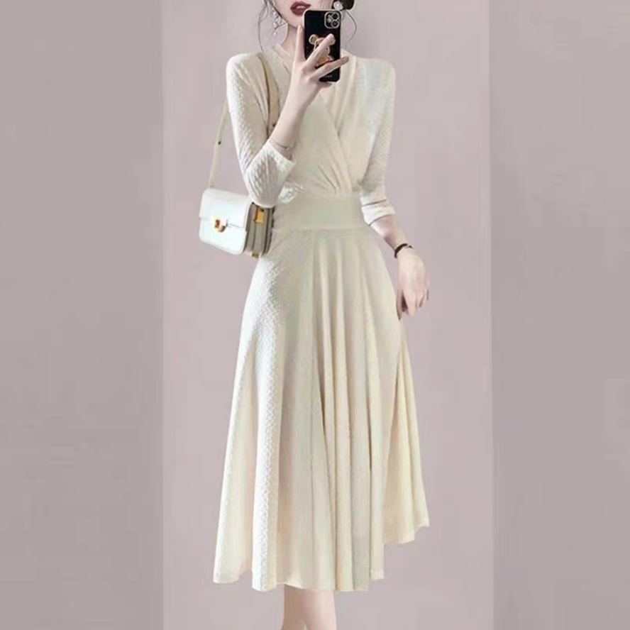 MY14642# 法式长裙气质女神范女装白色长袖连衣裙过膝裙子有内衬女裝貨源服裝批發