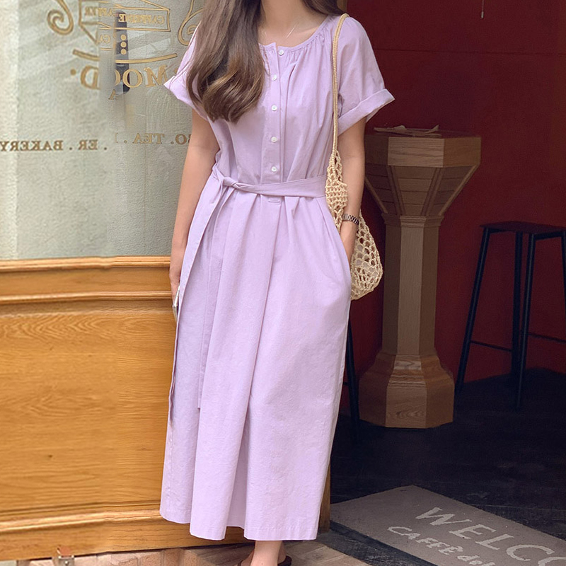 MY14996# 短袖中长款连衣裙夏季新款 中长裙系腰带韩国chic女裝貨源服裝批發