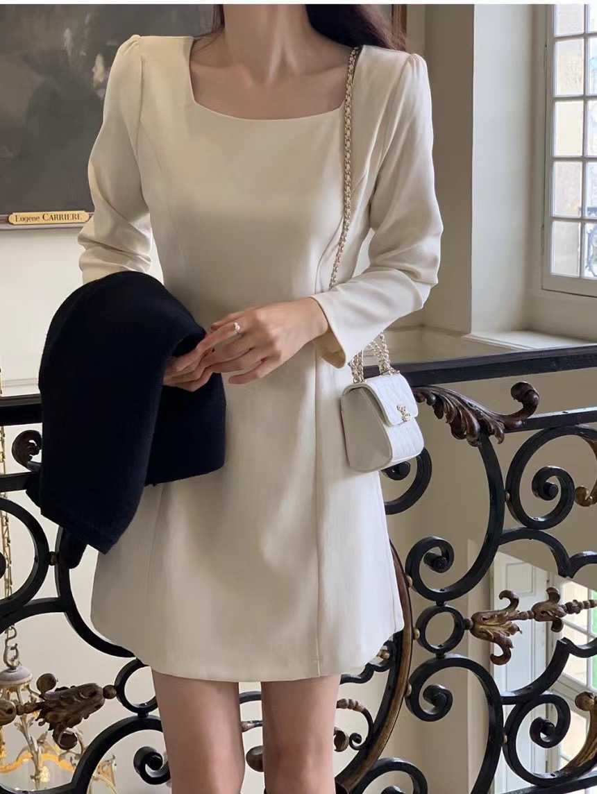 MY16273# 韩国东大门新款方领收腰纯色中长款连衣裙短裙女裝貨源服裝批...