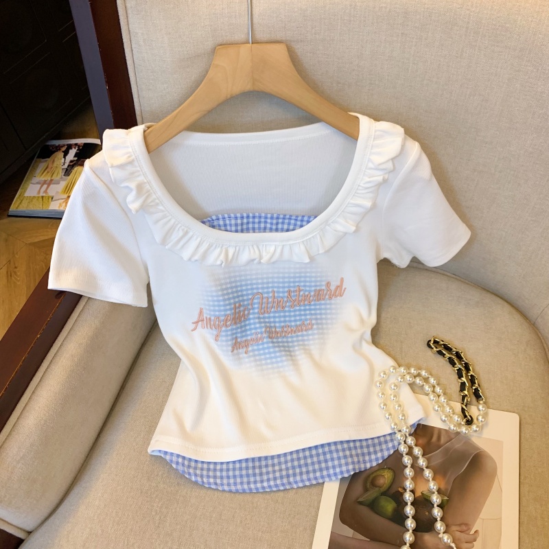 FA36599# 纯欲甜美印花假两件拼接荷叶边短袖t恤夏季设计感上衣 服裝批發女裝批發服飾貨源