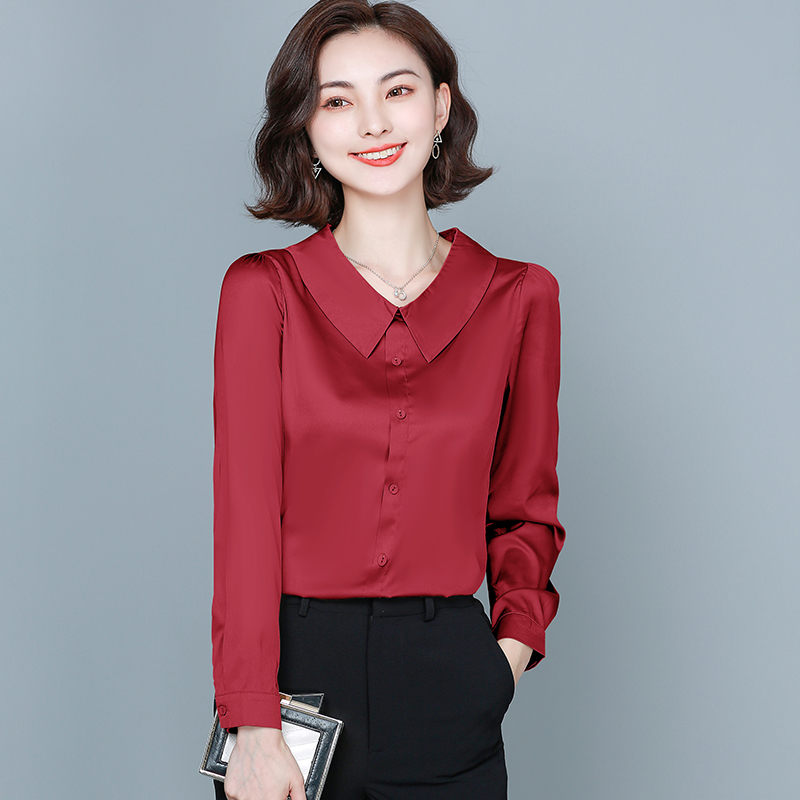 MY14128# 新款长袖仿真丝缎面衬衫洋气百搭大码女上衣女裝貨源服裝批發