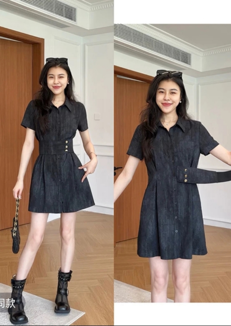 FA33049# 张阿星加州盛夏通勤气质翻领牛筋收腰连衣裙 服裝批發女裝批發服飾貨源