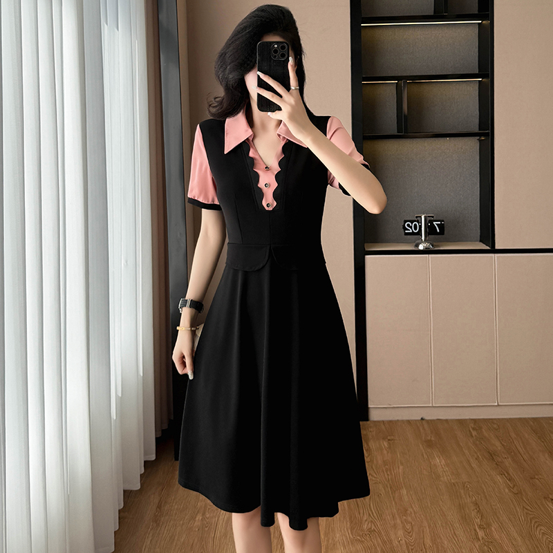 MY8346# 拼色时尚洋气假两件套大码女装胖mm胖妹妹短袖连衣裙子夏季阔太太女裝貨源服裝批發