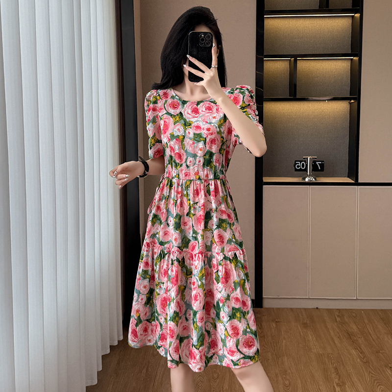 MY8339# 花色时尚洋气淑女名媛风大码女装胖mm胖妹妹短袖中长款连衣裙夏季女裝貨源服裝批發