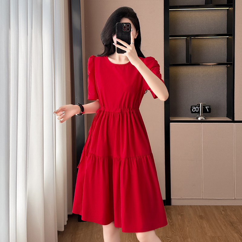 MY8335# 红色喜庆时尚洋气显瘦大码女装胖mm胖妹妹短袖连衣裙夏季新款韩版女裝貨源服裝批發