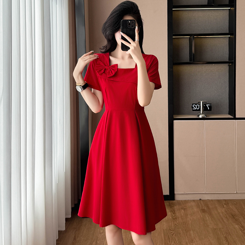 MY8334# 新款气质红色法式高级短袖裙子韩版修身显瘦大码女装连衣裙女裝貨源服裝批發