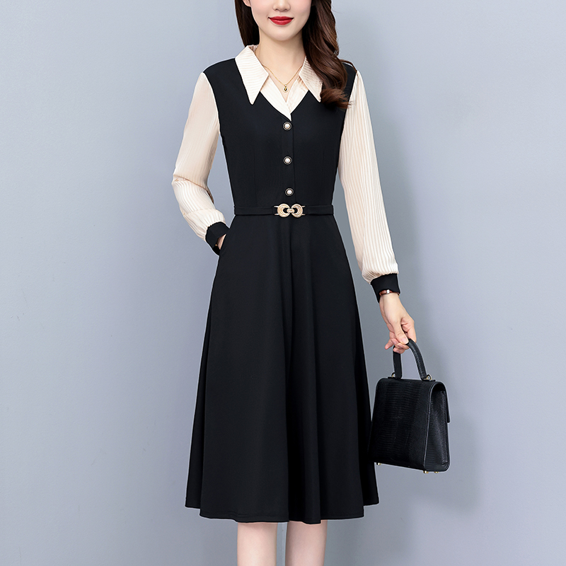 MY12012# 职场气质修身中长款撞色拼接大码女装胖mm阔太太长袖连衣裙女裝貨源服裝批發