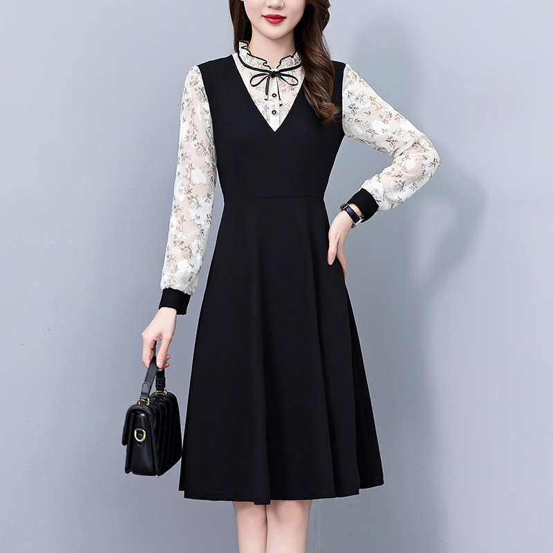 MY12010# 时尚洋气修身雪纺印花假两件套大码女装胖mm长袖连衣裙女裝貨源服裝批發