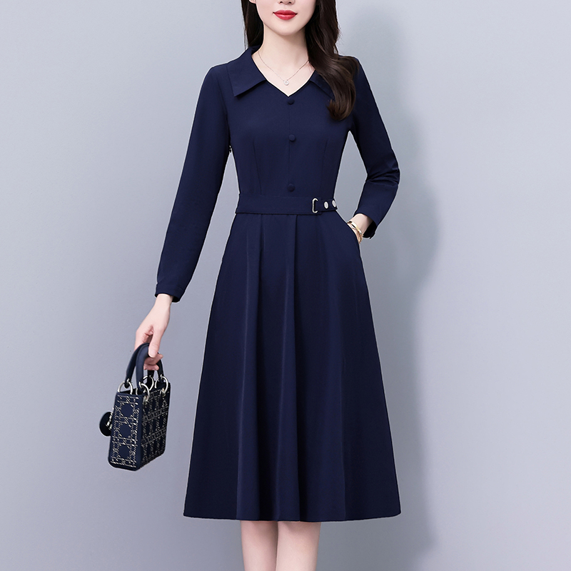 MY12290# 藏蓝色气质修身显瘦大码女装胖mm长袖连衣裙中长款春秋季新...
