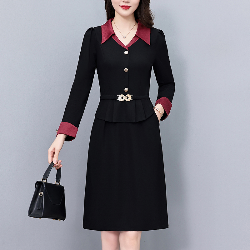 MY13375# 职场气质拼色假两件套大码女装胖mm妈妈装修身长袖连衣裙女...