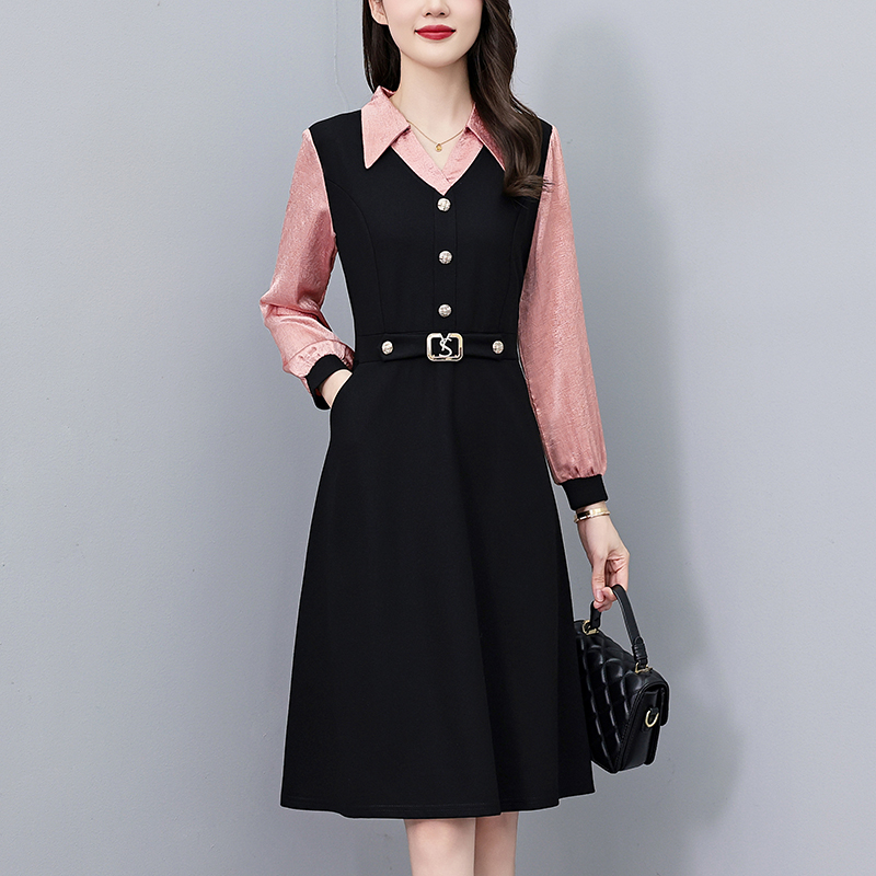 MY13371# 职场气质修身中长款大码女装胖mm假两件套长袖连衣裙女裝貨...