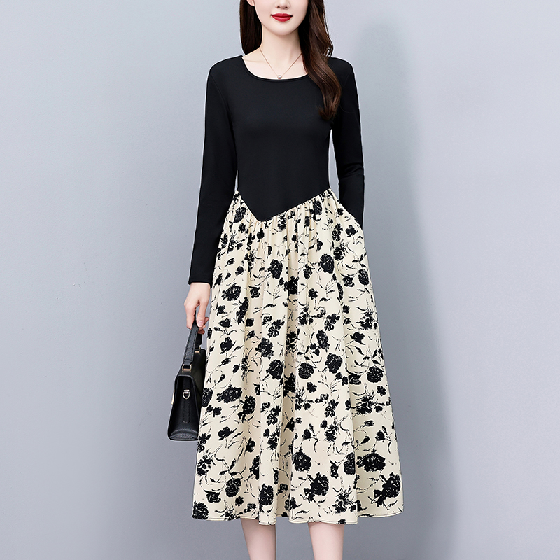 MY13369# 假两件套印花修身显瘦大码女装胖mm中长款春秋新款打底连衣...