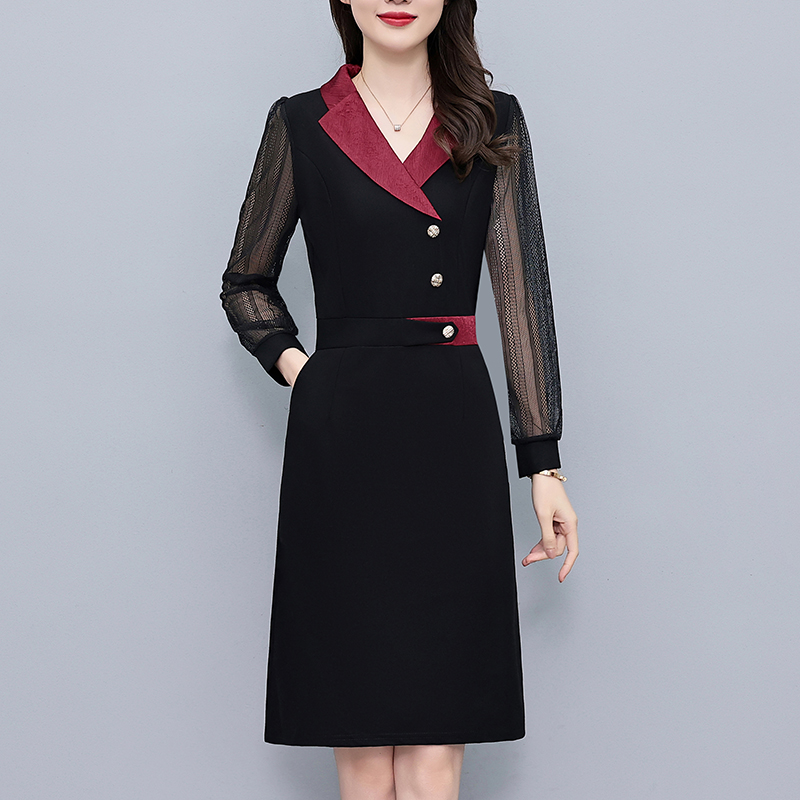 MY13368# 职场拼色气质修身大码女装胖mm长袖连衣裙春秋季新款阔太太...