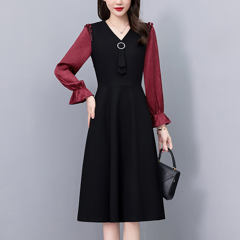 MY13366# 职场气质假两件套拼色修身中长款大码女装胖mm长袖连衣裙春...