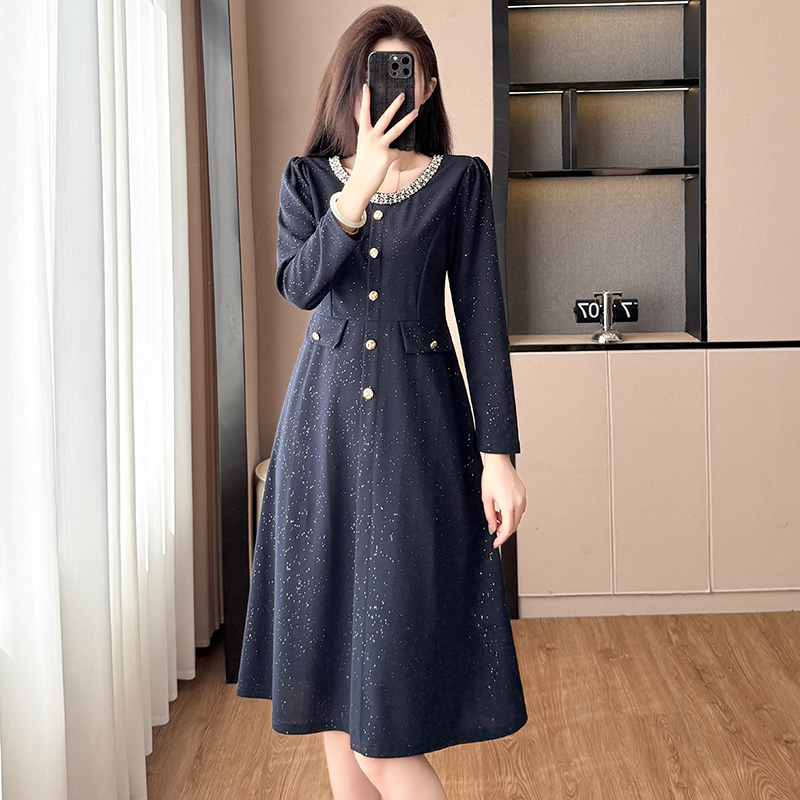 RY115# 亮晶晶藏蓝色修身显瘦长袖连衣裙大码女装胖mm胖妹妹中长款妈妈...