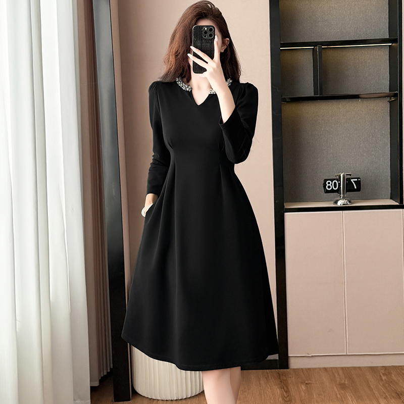 RY114# 时尚洋气黑色显瘦修身大码女装胖mm胖妹妹长袖连衣裙子春秋季新...