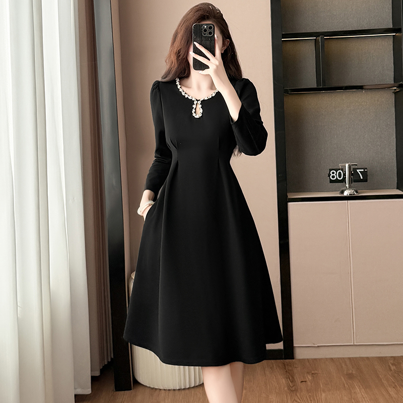 RY113# 黑色气质修身显瘦大码女装胖mm胖妹妹长袖连衣裙春秋季新款阔太...