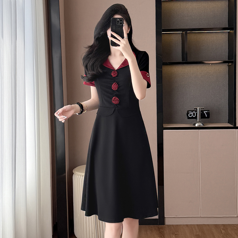RY2553# 气质拼色假两件套大码女装胖mm妈妈装短袖连衣裙修身显瘦夏季新款