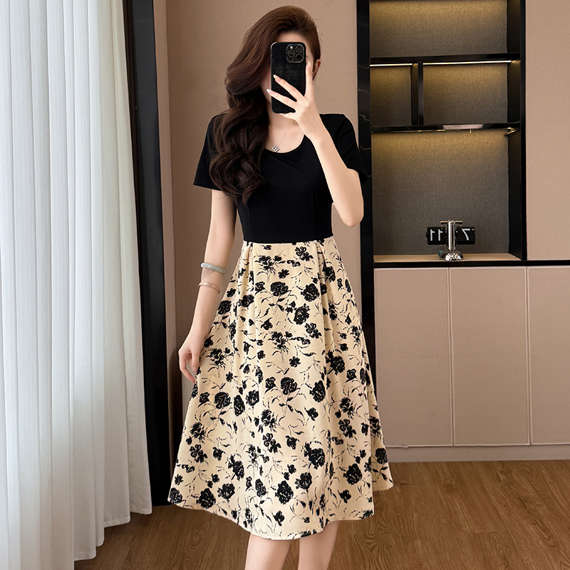 RY2550# 时尚印花假两件套大码女装胖MM胖妹妹短袖修身显瘦连衣裙夏季新款