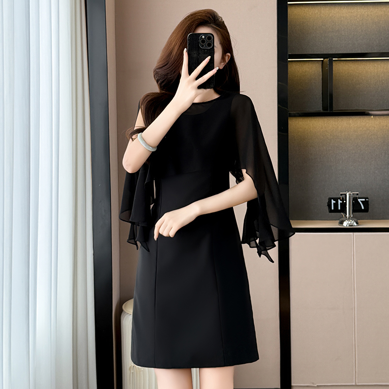 RY3401# 黑色气质飞飞袖夏季新款大码女装胖mm修身显瘦包臀连衣裙子赫...