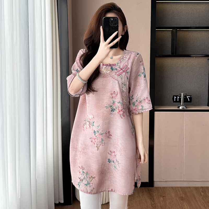 RY3399# 棉麻印花宽松显瘦中长款大码女装胖MM胖妹妹妈妈装五分袖连衣...