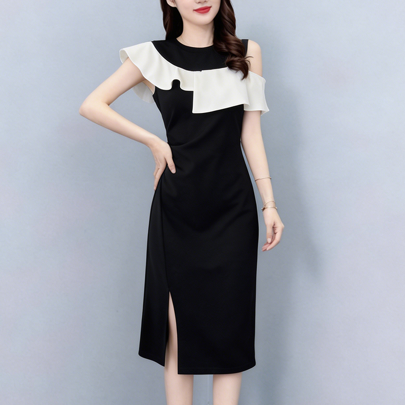 RY3400# 时尚气质黑白撞色拼接假两件套大码女装胖mm胖妹妹短袖连衣裙...