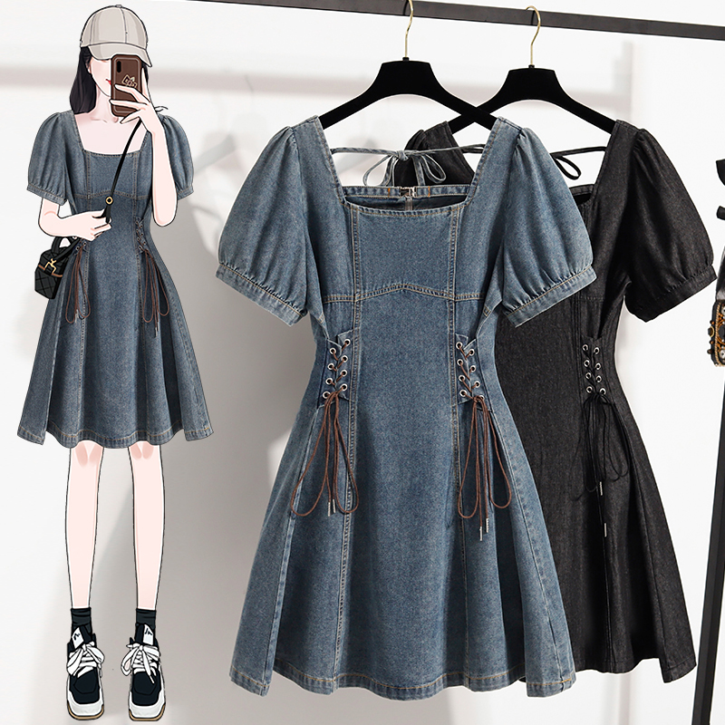 MY9023# 夏季大码女装微胖mm法式小众设计感遮肚显质牛仔连衣裙子女女裝貨源服裝批發
