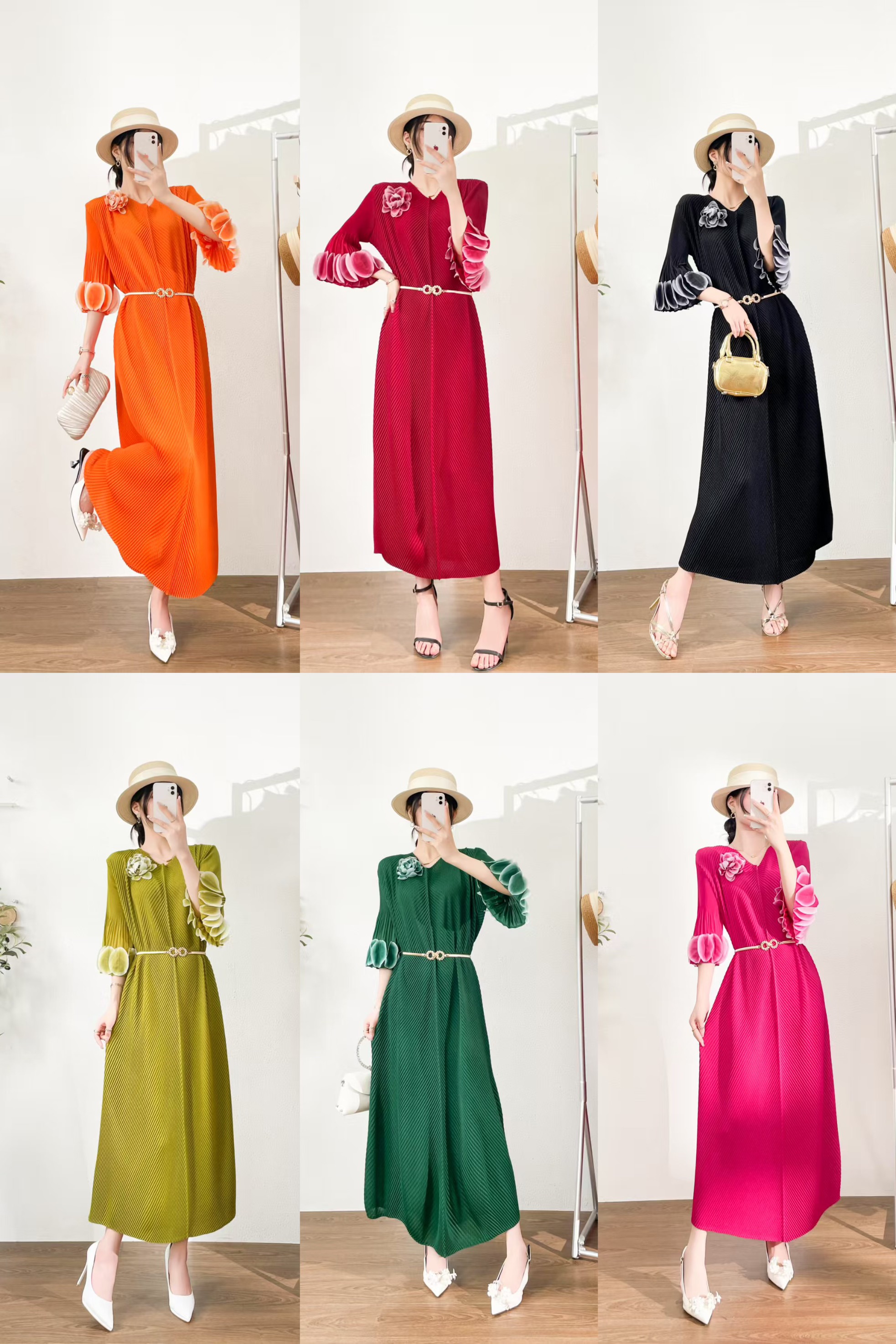 RY812# 三宅设计感2025年夏季新款鱼鳞褶显瘦褶皱连衣裙时尚气质百搭长裙