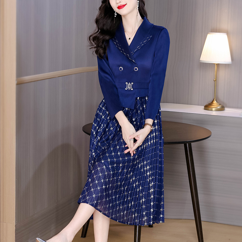 MY15704# 三宅褶皱连衣裙新款烫金垂感复古假两件收腰显瘦中长百褶裙女...