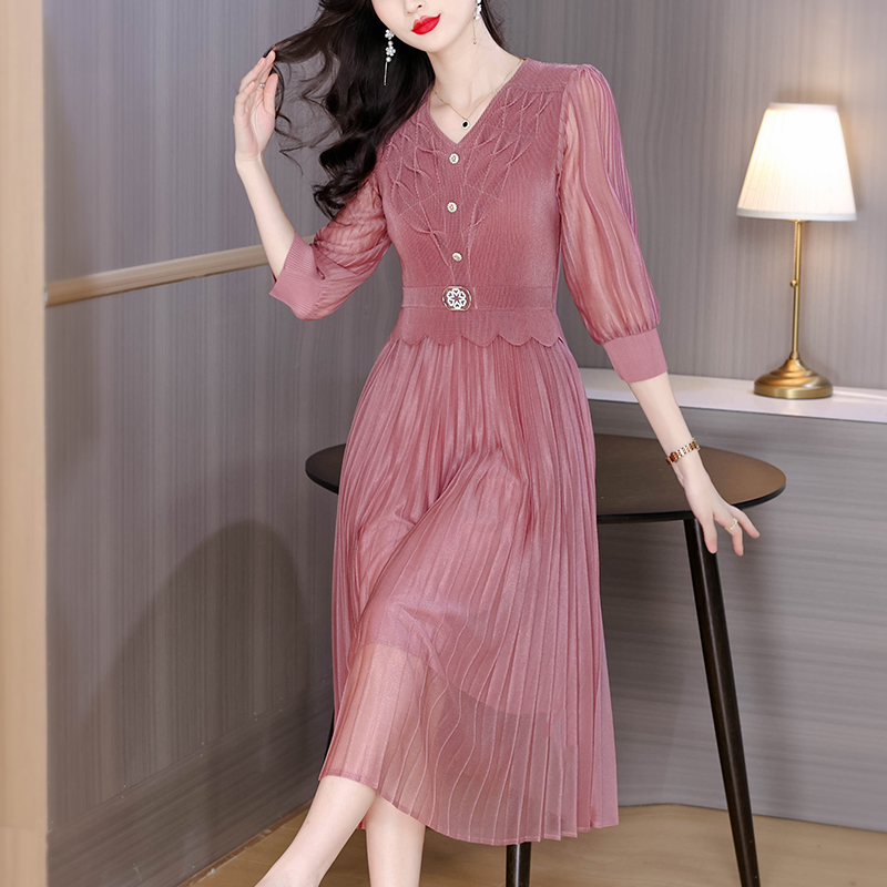 MY15703# 三宅褶皱连衣裙新款时尚大码遮肚气质收腰显瘦高端百褶裙女裝...