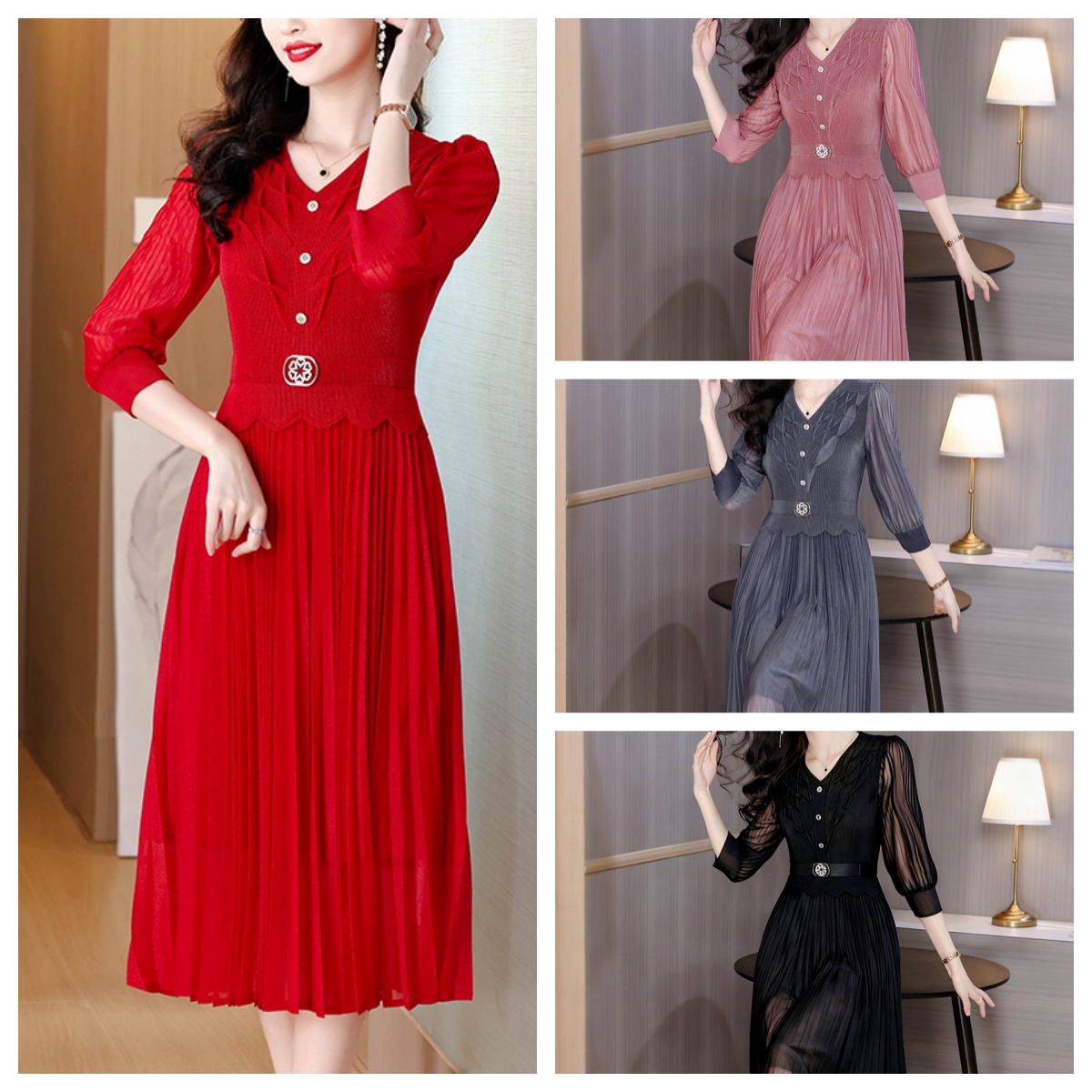 MY15701# 三宅褶皱连衣裙新款大码时尚气质遮肚收腰显瘦高端百褶裙女裝...