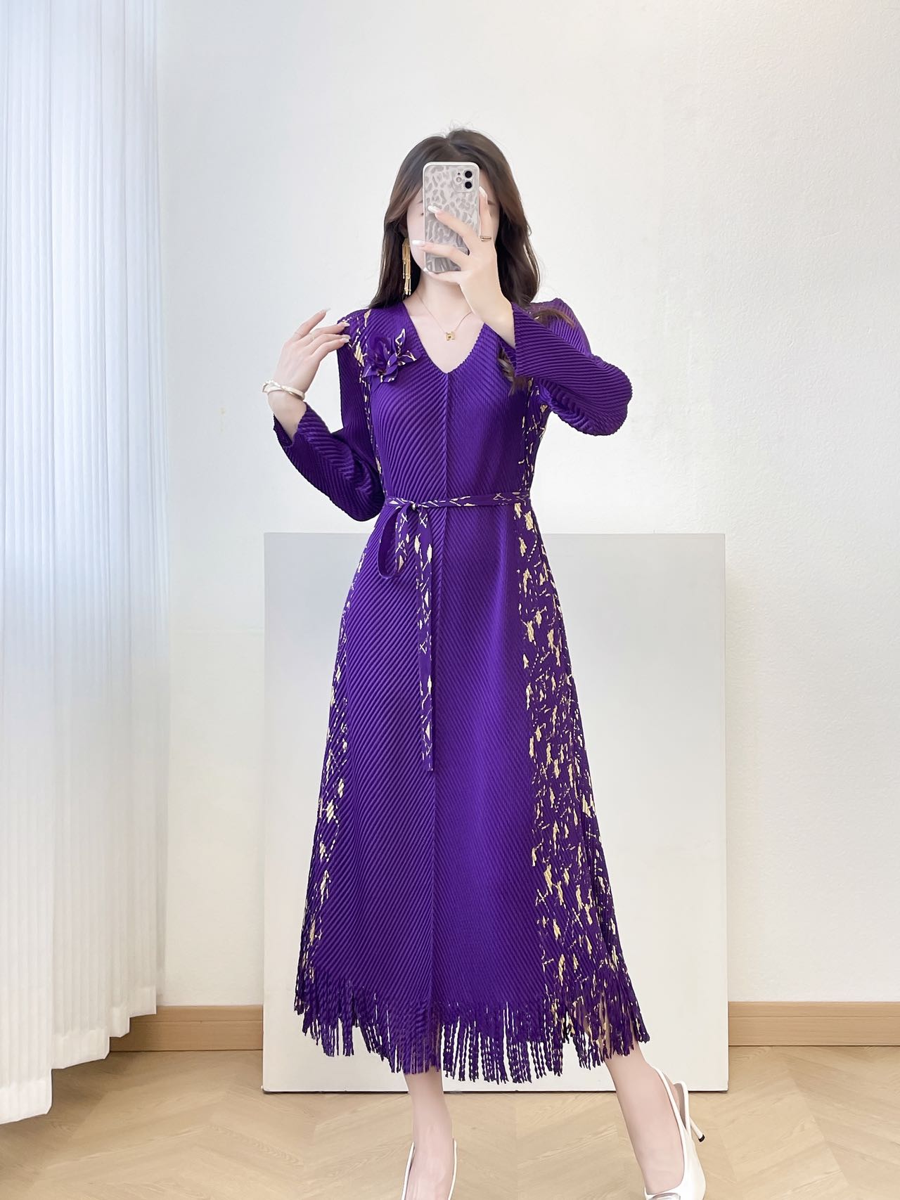 MY15699# 三宅褶皱新款轻奢高端妈妈连衣裙鱼鳞褶大码时尚显瘦长裙女裝...