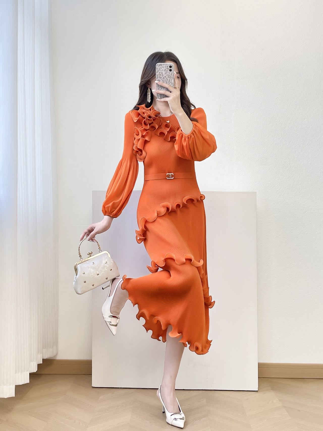 MY15700# 三宅褶皱新款轻奢高端妈妈连衣裙鱼鳞褶大码时尚显瘦长裙女裝...