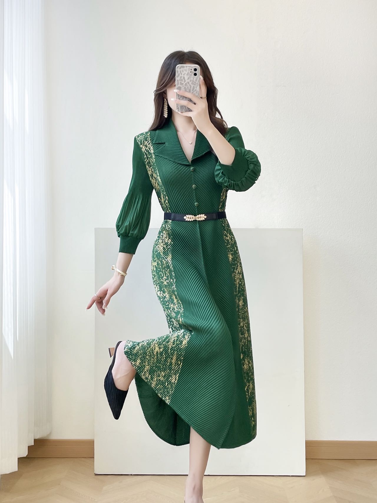 MY15697# 三宅褶皱新款轻奢高端妈妈连衣裙鱼鳞褶大码时尚显瘦长裙女裝...