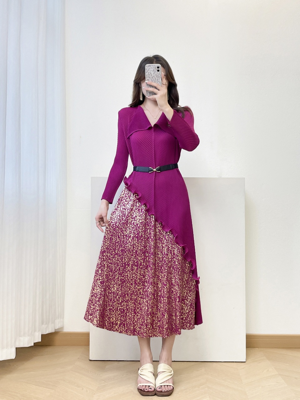 MY15698# 三宅褶皱新款轻奢高端妈妈连衣裙鱼鳞褶大码时尚显瘦长裙女裝...