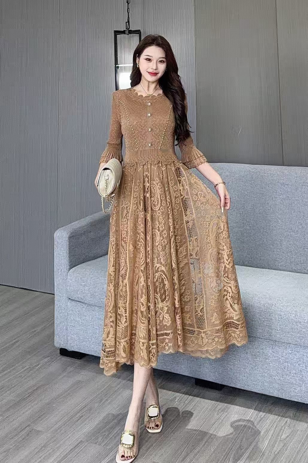 MY15694# 欧洲站新款时尚褶皱圆领拼接修身显瘦连衣裙中长款百褶裙女裝貨源服裝批發