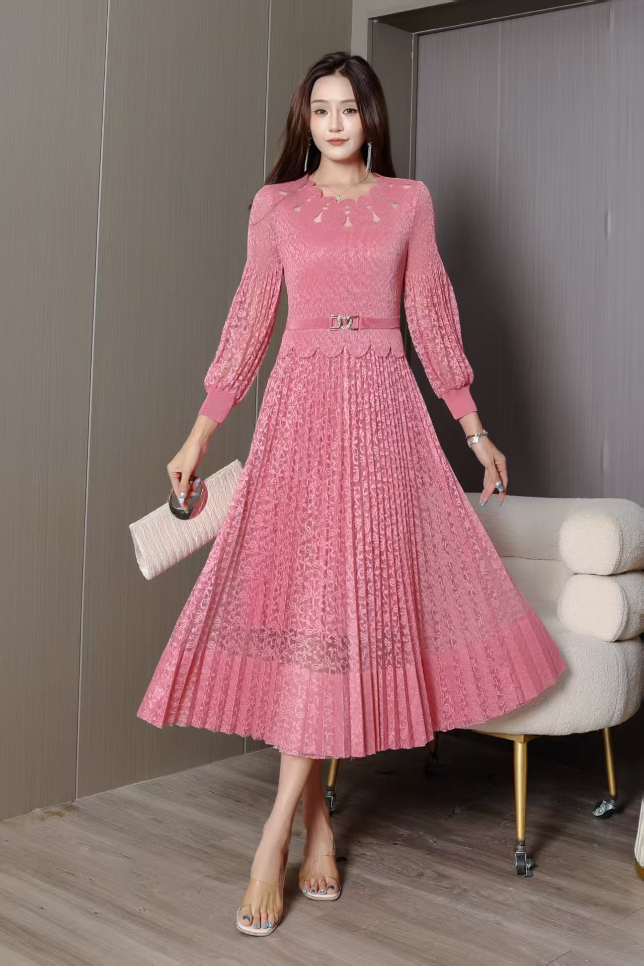 MY15693# 欧洲站新款时尚褶皱蕾丝拼接修身显瘦连衣裙中长款百褶裙女裝貨源服裝批發