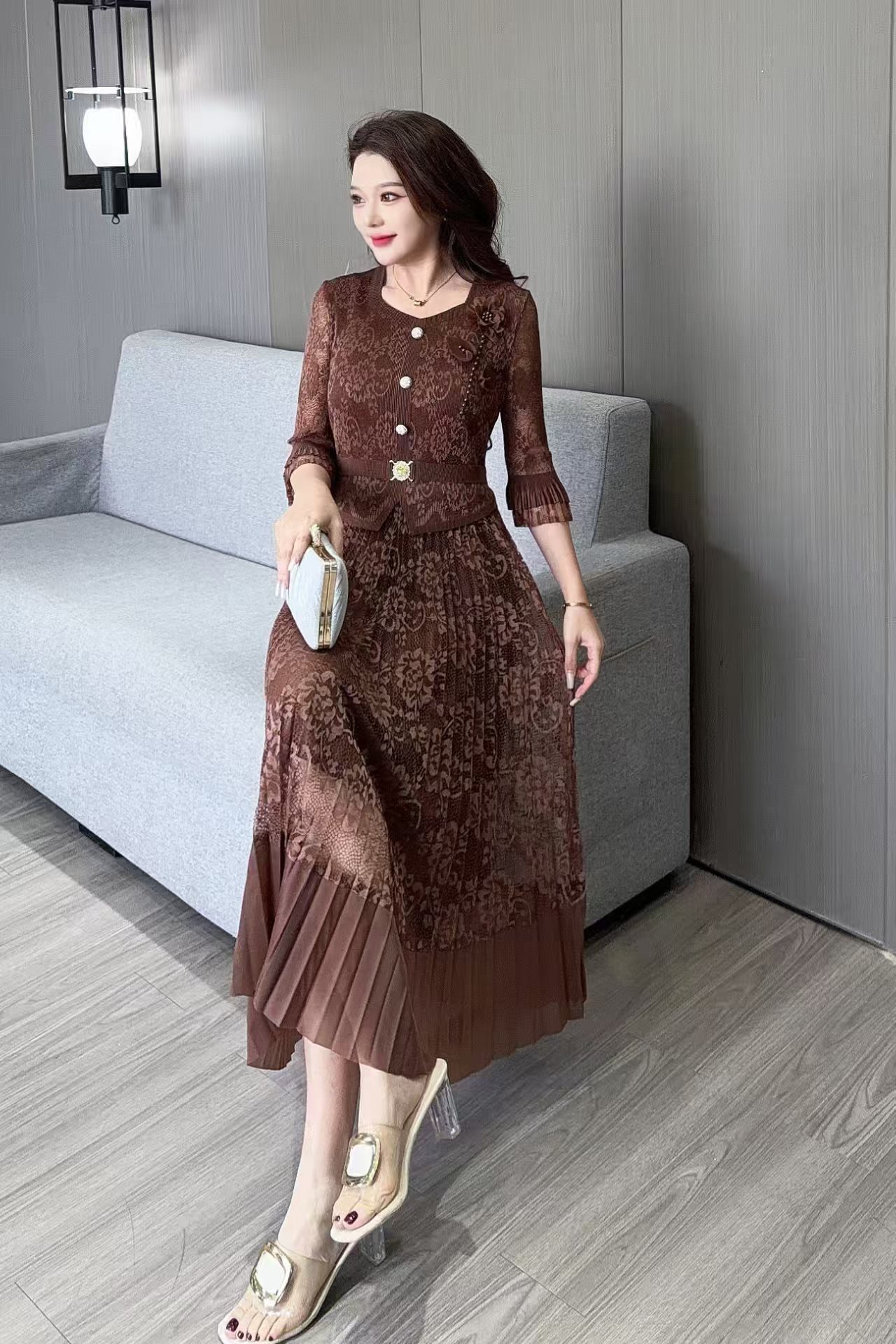 MY15691# 新款连衣裙时尚褶皱蕾丝拼接修身显瘦连衣裙中长款百褶裙女裝貨源服裝批發