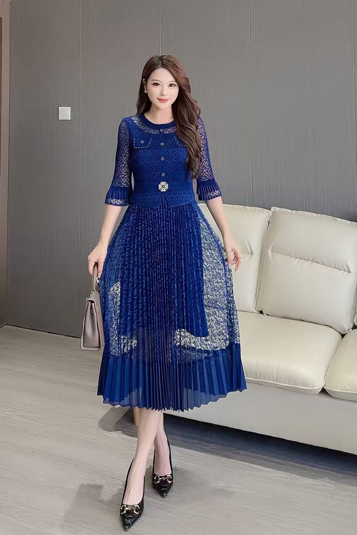 MY15692# 欧洲站新款时尚褶皱圆领拼接修身显瘦连衣裙中长款百褶裙女裝貨源服裝批發