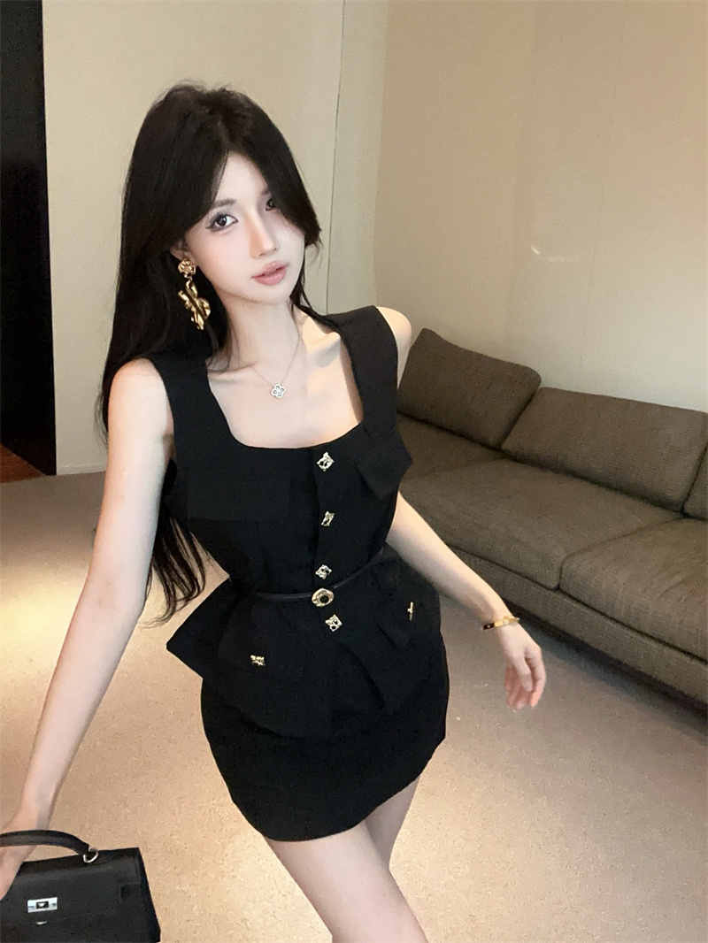 FA36600# 高级法式气质名媛无袖背心高腰包臀裙两件套带皮带 服裝批發女裝批發服飾貨源