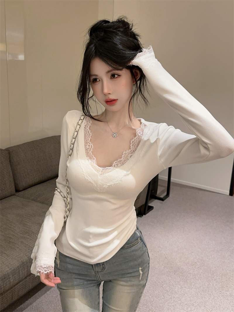 MY12981# V领蕾丝边百搭基础打底衫上衣女裝貨源服裝批發