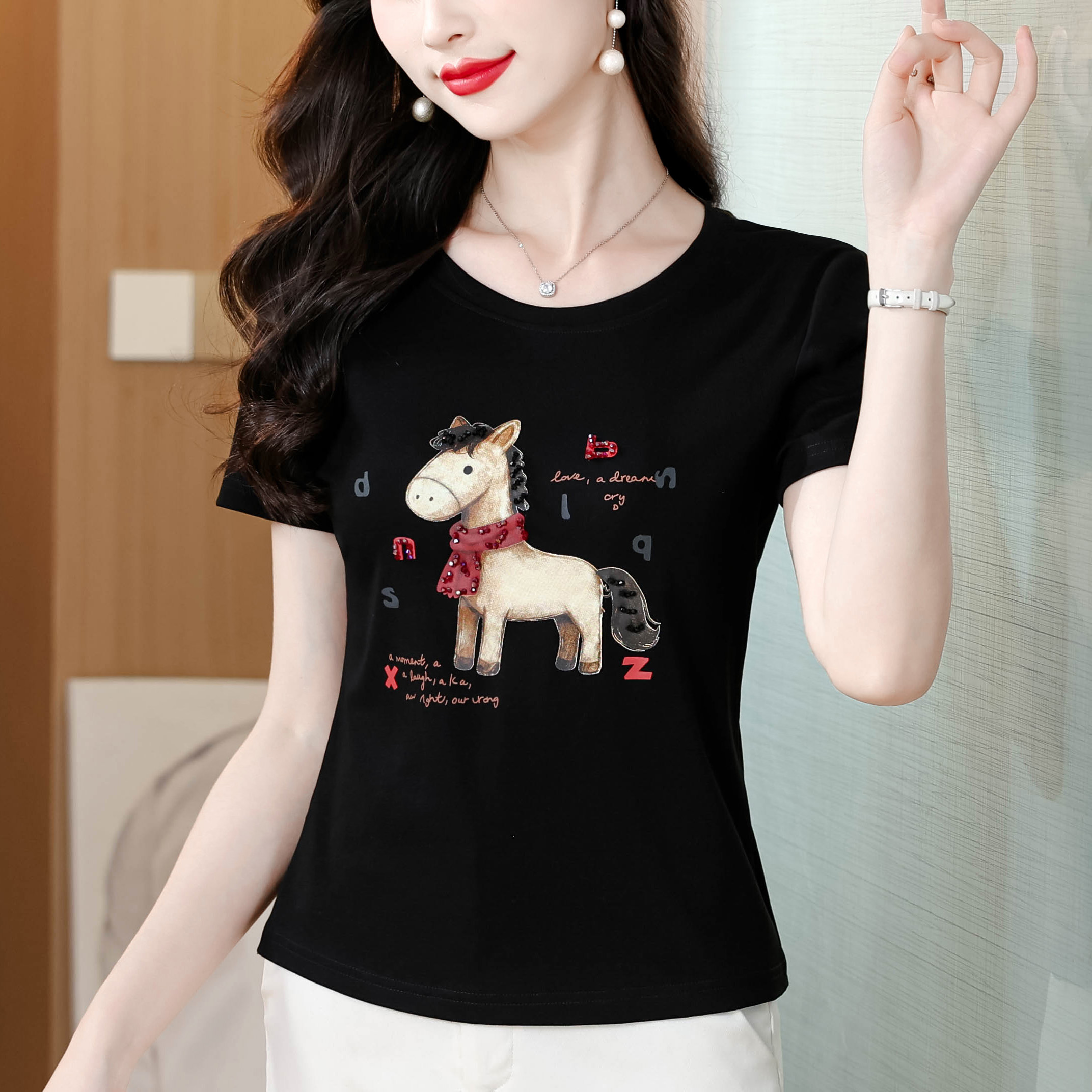 RY872# 2026夏季新款圆领立体钉珠小马印花T恤女修身显瘦百搭短袖上...