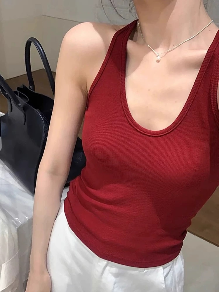 MY13218# 大码红色挂脖带胸垫吊带背心女秋季高级磨毛好看外穿美背无袖...