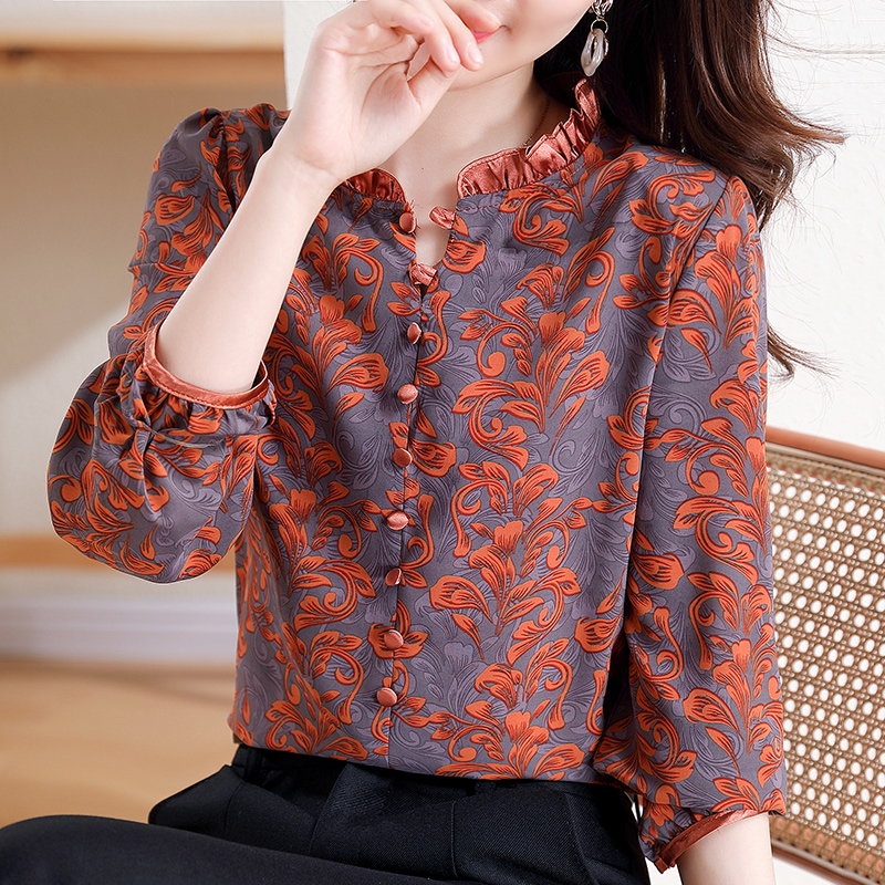 實拍高檔桑蠶絲2026春季新款長袖袖荷葉領拼接氣質減齡百搭上衣女