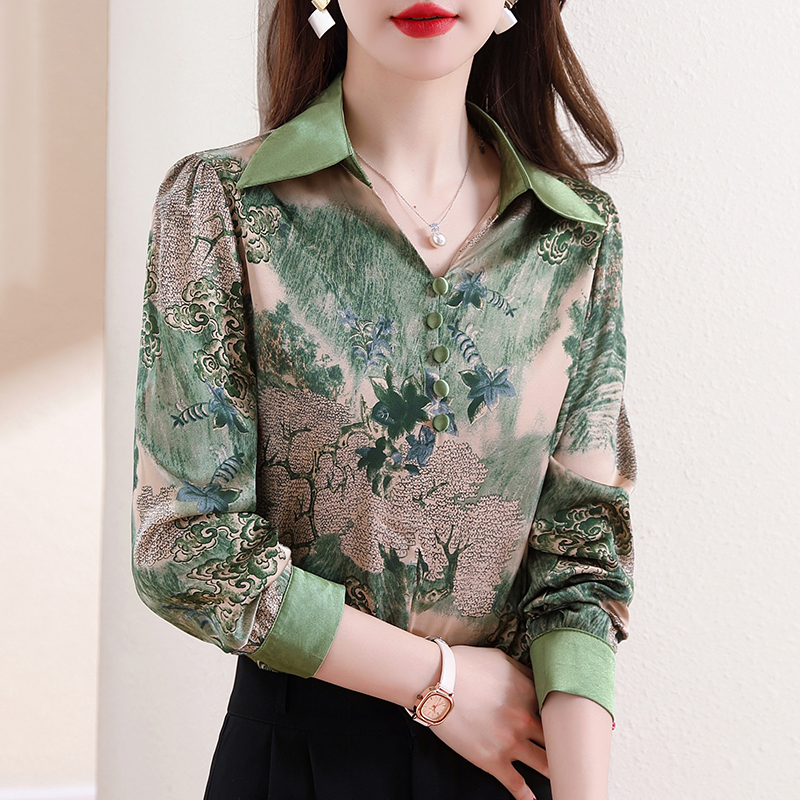 實拍翻領緞面襯衣女2026春季新長袖拼接V領印花百搭時髦顯瘦上衣