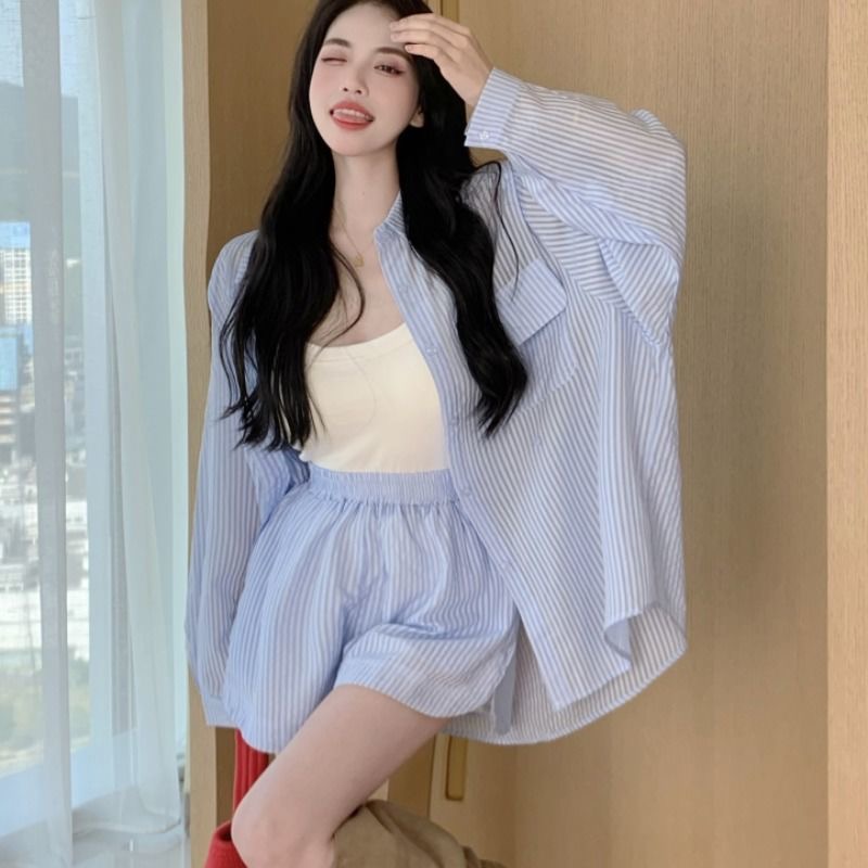 RY88# 薄款防晒衣女款衬衫套装2026新款夏季法式宽松条纹衬衫短裤两件...