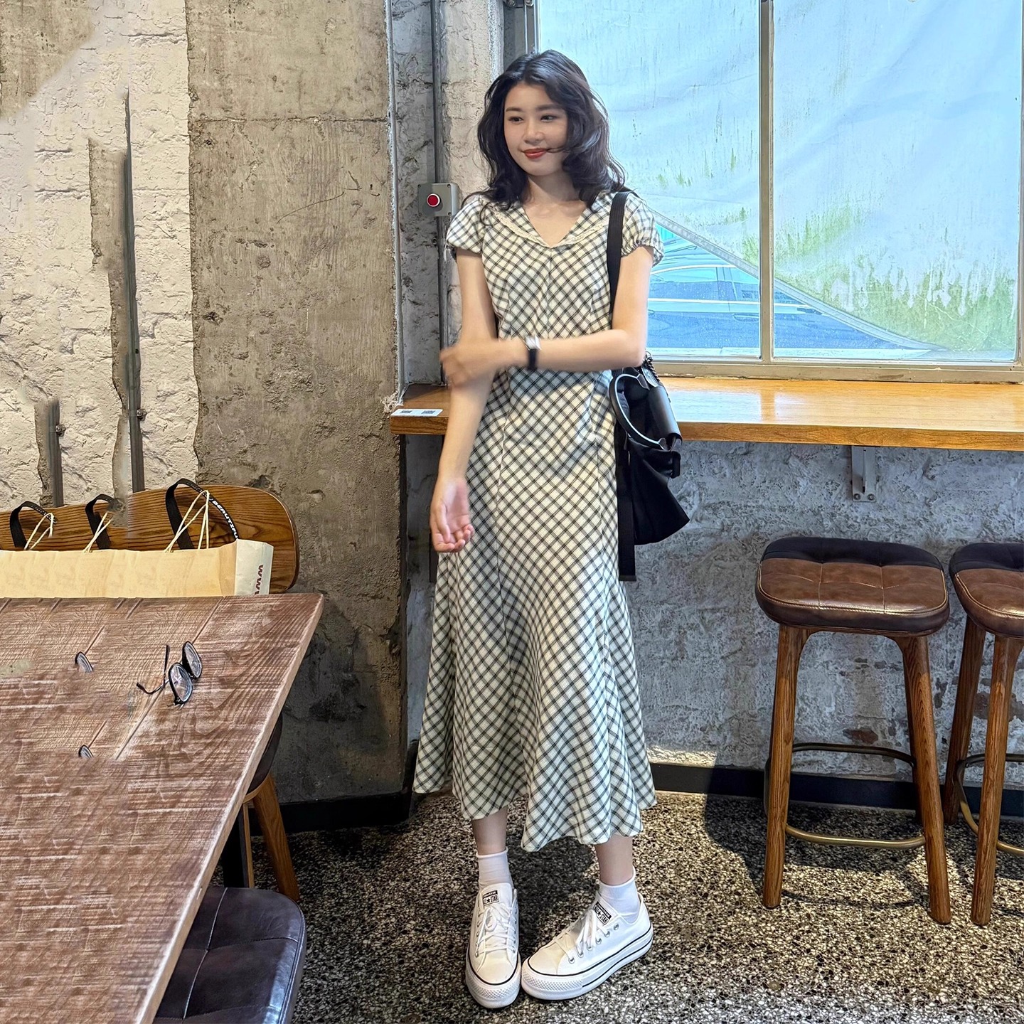 FA35269# 海军领格纹连衣裙女夏季大码胖mm法式复古独特漂亮好看收腰长裙子 服裝批發女裝批發服飾貨源