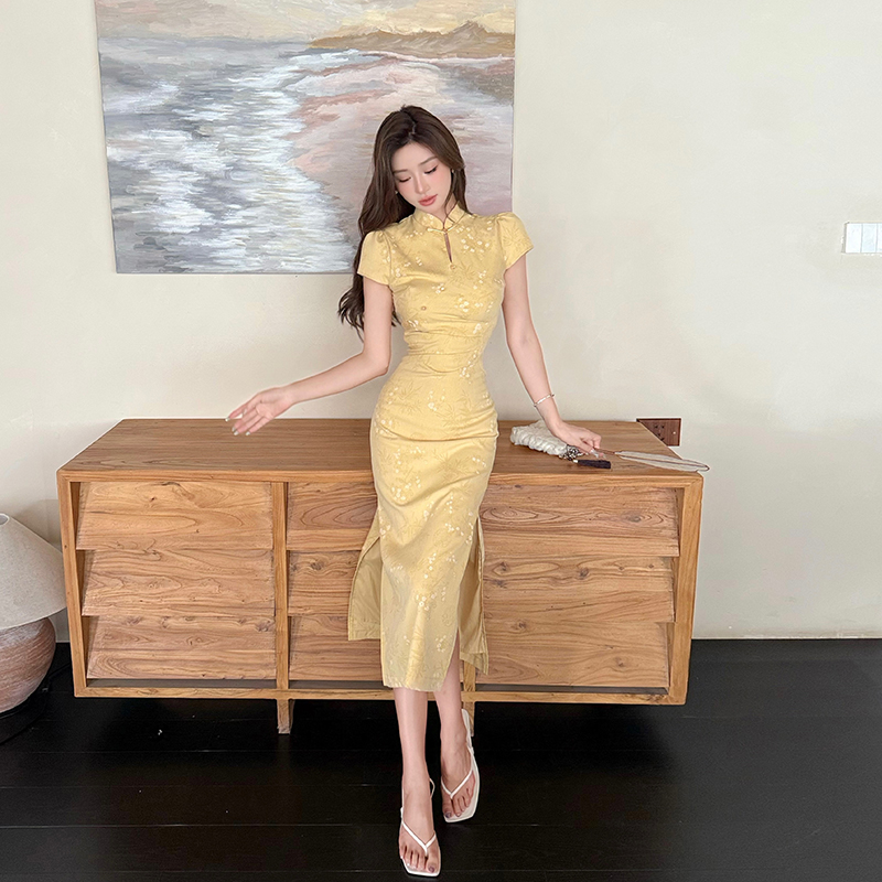 MY11627# 如初新中式提花改良旗袍女夏绝美旗袍领收腰连衣裙女裝貨源服...