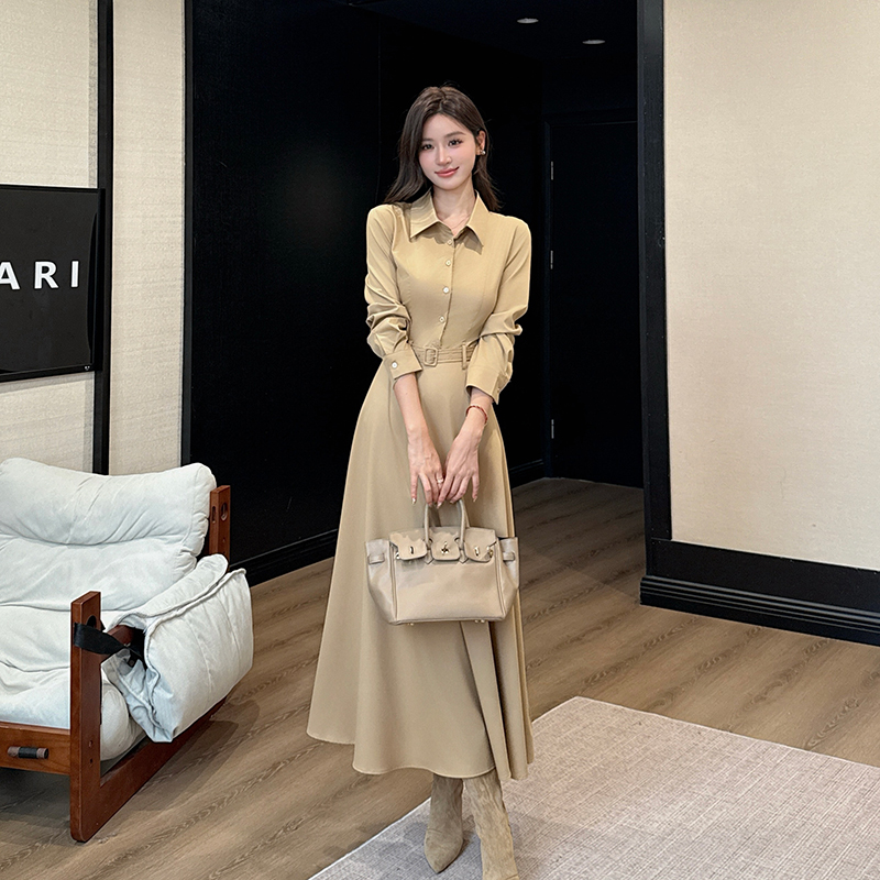 MY14050# 秋高漫步新款韩系高级感翻领长袖气质连衣裙女裝貨源服裝批發