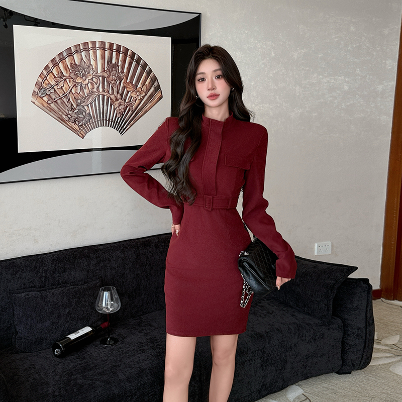 MY14042# 职场时尚长袖立领工装连衣裙女收腰高级感包臀裙子女裝貨源服...